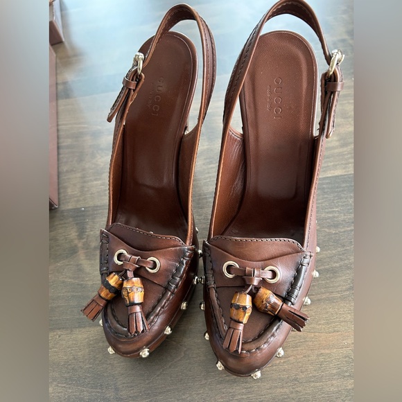 Authentic GUCCI Scar Pelle S Gomma Brown Slingbacks size 8 in original box - Picture 2 of 14